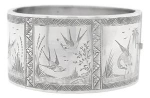 English Victorian Aesthetic Sterling Silver Bangle Bracelet With Scenes of Birds