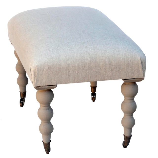 Late 20th Century Narrow Ottoman in Natural European Linen With Turned Legs on Casters For Sale In Los Angeles - Image 6 of 7