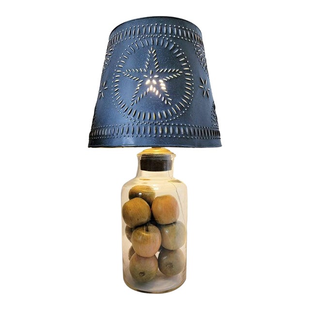Hand Blown Lamp With Fruit and Star Punch Tin Shade For Sale