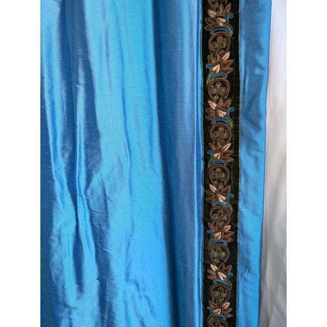 2010s Blue Silk With Green and Gold Trim Draperies- 2 Panels For Sale - Image 5 of 6