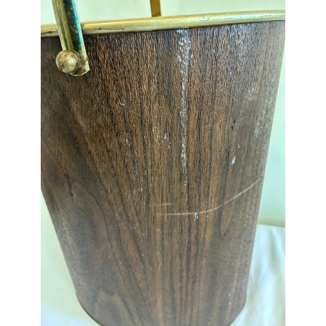 Vintage Faux Woodgrain Mid-Century Wastebasket With Brass Handle For Sale - Image 4 of 10