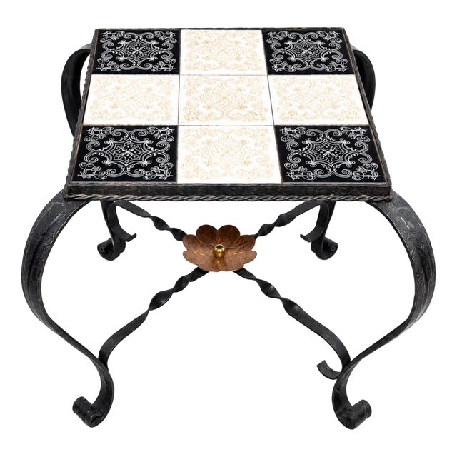Small Vintage Wrought Iron and Ceramic Table, 1940s For Sale
