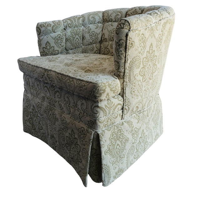 Mid-Century Modern Mid-Century Tufted Olive Damask Barrel Back Chair With Brass Cap Legs For Sale - Image 3 of 5
