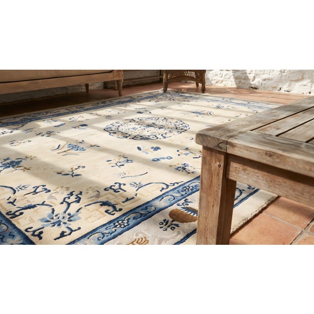 Room Size Ivory and Blue Color Classic Design Antique Chinese Peking Rug For Sale - Image 9 of 11