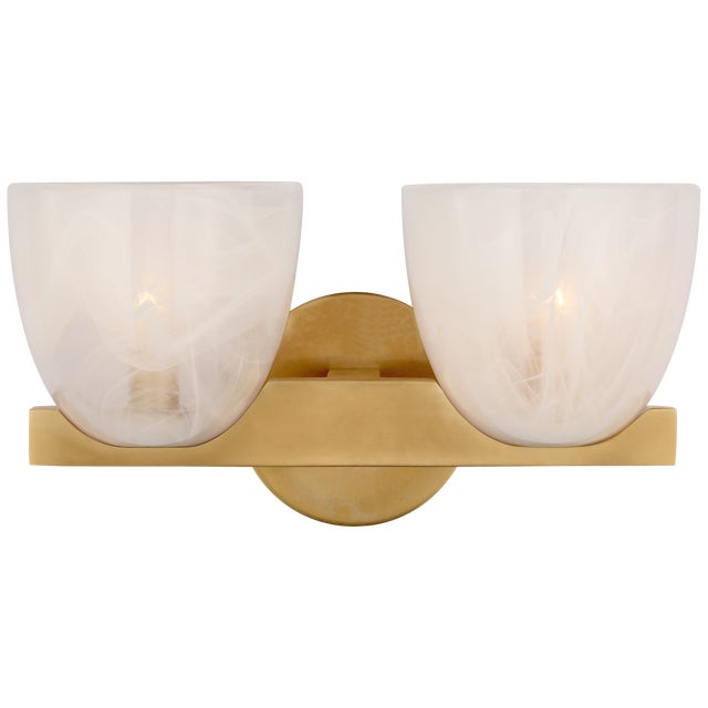 AERIN for Visual Comfort Signature Carola Double Sconce in Hand-Rubbed Antique Brass with White Strie Glass For Sale