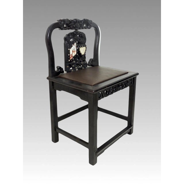 Chinoiserie 19th Century Antique Chinese Blackwood (Hongmu), Marble & Mother of Pearl Upholstered Side Chair For Sale - Image 3 of 7