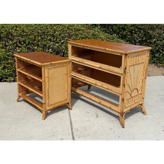 Vintage Bamboo / Grasscloth “Rising Sun” Dresser & Nightstand, a Set of 2 For Sale - Image 12 of 15