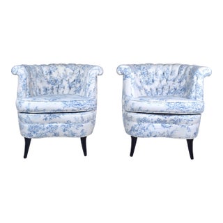 Swedish Art Deco Barrel Bergere Chairs, 1920's French Toile For Sale