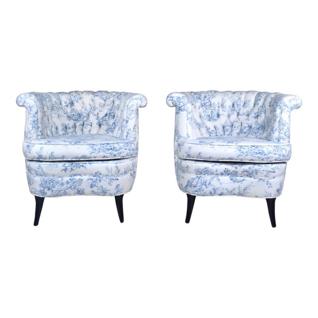 Swedish Art Deco Barrel Bergere Chairs, 1920's French Toile For Sale