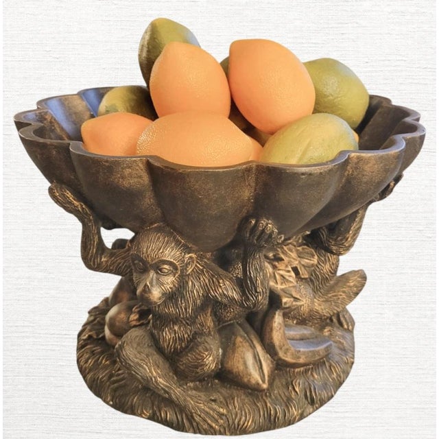 Traditional Vintage Large 3 Monkey Scalloped Palm Beach Regency Decorative Fruit Bowl Table Top Decor For Sale - Image 3 of 8