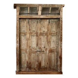 Antique Carved Exterior Teak Double Hinged Doors , Colonial Plantation Architecture For Sale