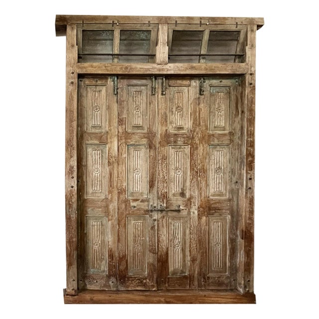 Antique Rustic Carved Exterior Teak Double Hinged Doors, Colonial Plantation Architecture For Sale