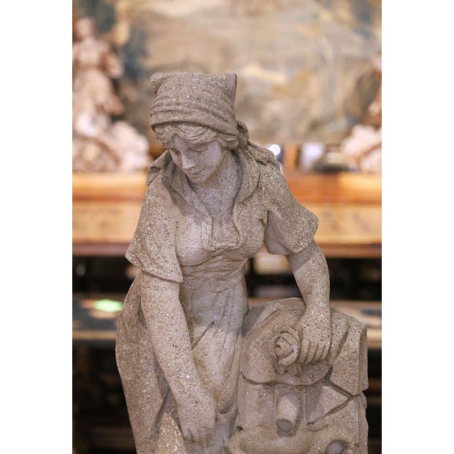 Mid-Century French Cast Stone Garden Figure of Woman at Well on Fluted Pedestal For Sale - Image 4 of 13
