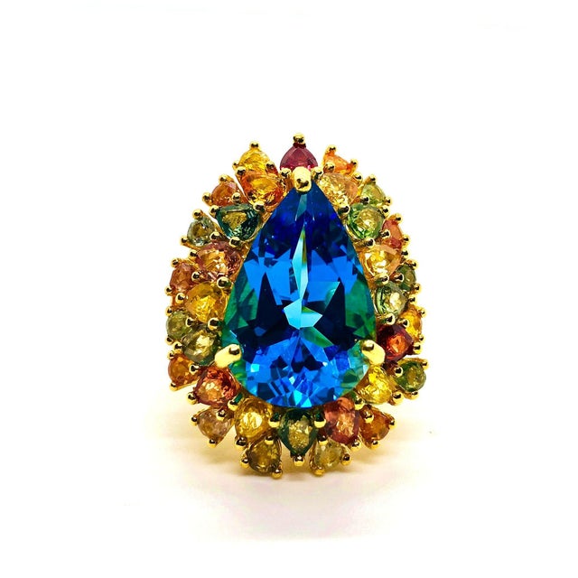 Bochic “Capri” Vintage Pink, Green & Yellow Sapphire & Ring — 18K Gold & Silver For Sale - Image 12 of 12