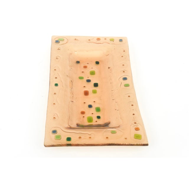 This fabulous mid century signed Michael and Frances oblong fused glass tray, barware, serving piece is an early one of...