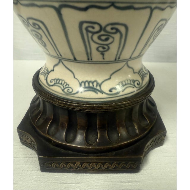 Blue Stunning Vintage Chinoiserie Blue and White Ginger Jar Style Table Lamp With Cream Shade For Sale - Image 8 of 11