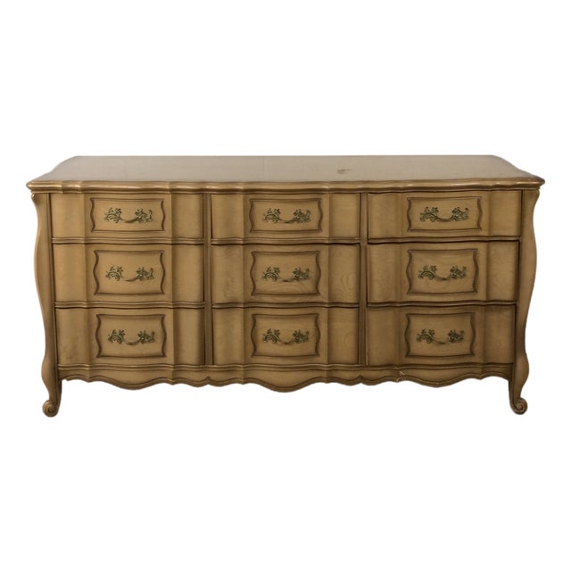 Mid Century French Provincial Style Lowboy Dresser With 9 Drawers For Sale