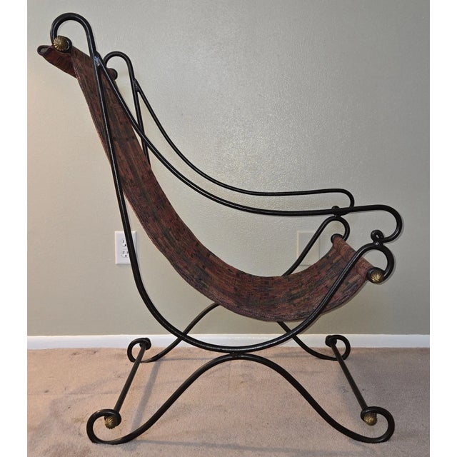 David Hicks 1980s Attributed to David Hicks Wrought Iron Tapestry Sling Chair With Brass Finials For Sale - Image 4 of 16