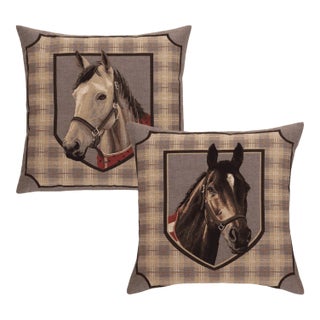 Pair of Horse Tapestry Cushions With Feather Filler - 46x46cm For Sale
