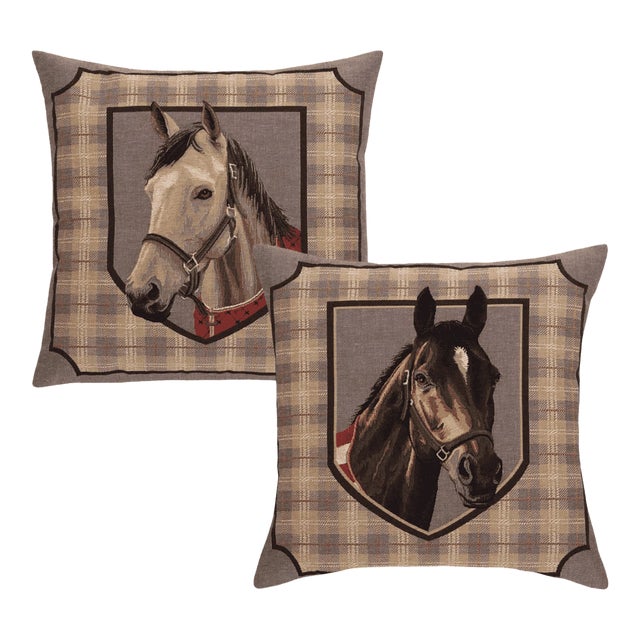 Pair of Horse Tapestry Cushions With Feather Filler - 46x46cm For Sale