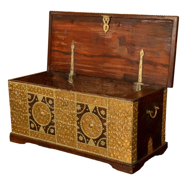 Wood Antique Zanzibar Omani Teak & Brass Stud & Copper Clad Dowry Chest For Sale - Image 7 of 15