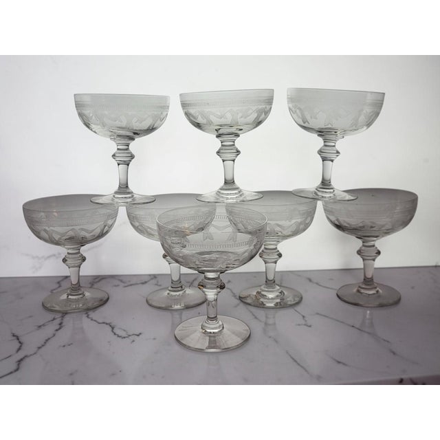 Engraved Crystal Champagne Coupes, 19th Century, 1890s, Set of 8 For Sale - Image 12 of 12