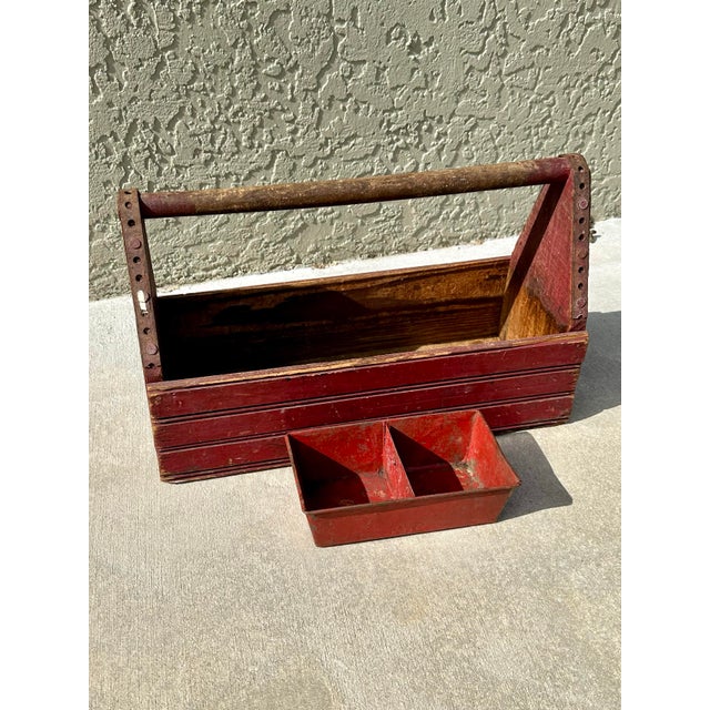 Antique Early 20th Century Red Rustic Farmhouse Wooden Tool Caddy For Sale - Image 11 of 11