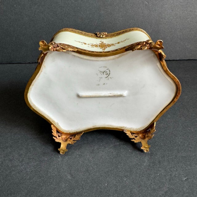 French Porcelain Casket Trinket Box Hand Painted Courting Couple Dancing Scene For Sale - Image 12 of 12