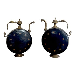 Pair of Anglo-Indian Cast & Engraved Brass Ewers, Black Enamel & British Coins For Sale
