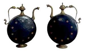 Pair of Anglo-Indian Cast & Engraved Brass Ewers, Black Enamel & British Coins