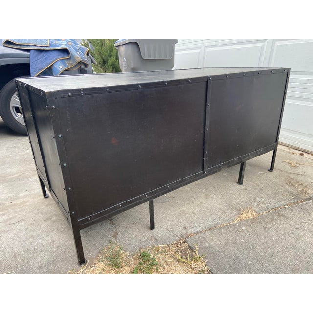 French Country Restoration Hardware 1900’s French Industrial Metal Tool Chest Desk With Patina For Sale - Image 3 of 12