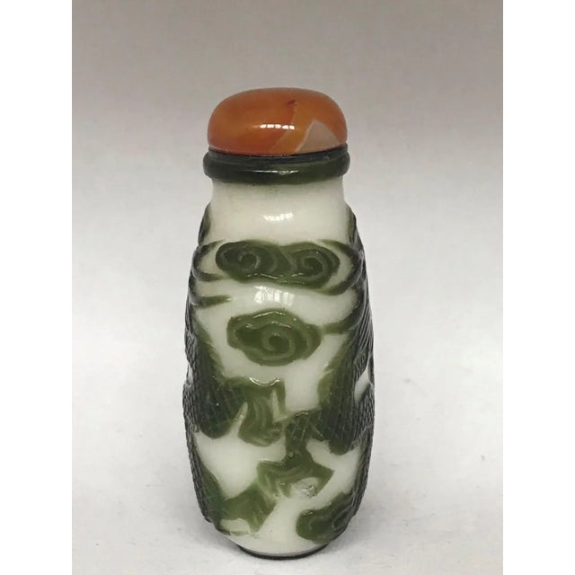 Chinese Antique Beijing Glass Snuff Bottle With Green Overlay of Dragons For Sale - Image 3 of 13