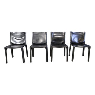 Black Leather Cab Dining Chairs from Mario Bellini, Italy, 1970s, Set of 4 For Sale
