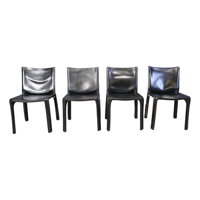 Black Leather Cab Dining Chairs from Mario Bellini, Italy, 1970s, Set of 4 For Sale