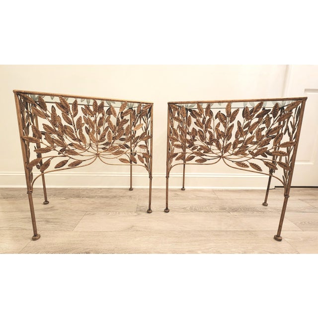 Gold Vintage French Botanical Sweet and Petite Gilded Tole Glass Top Side Tables-a Pair For Sale - Image 8 of 8
