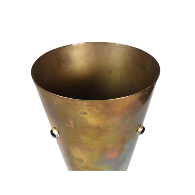 Mid 20th Century Pedestal Solid Brass Vase with Inlaid Blue Stones Dotes For Sale - Image 6 of 8