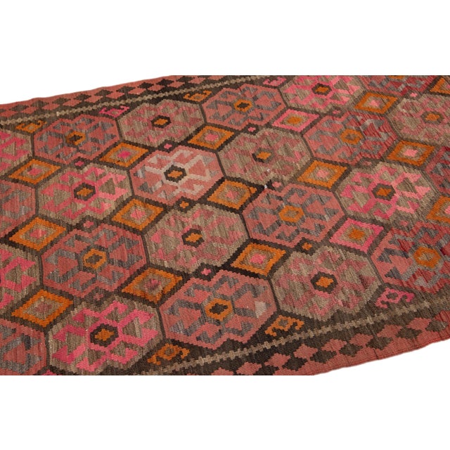 Pink Mid-20th Century Turkish Kilim Pink Handmade Geometric Wool Rug For Sale - Image 8 of 10