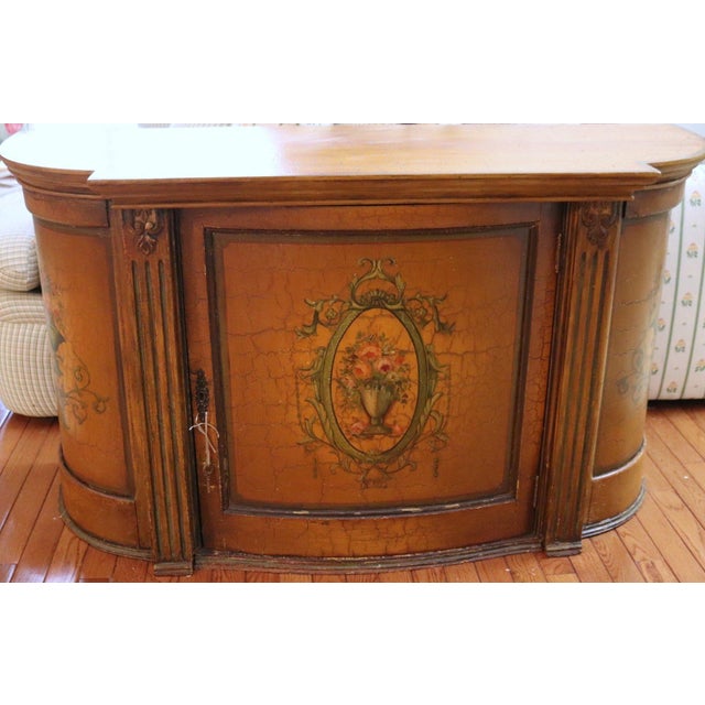 Large Hand Painted Neoclassical Demilune Console Cabinet Louis XVI Style Floral Medallion This commanding 49 inch wide...