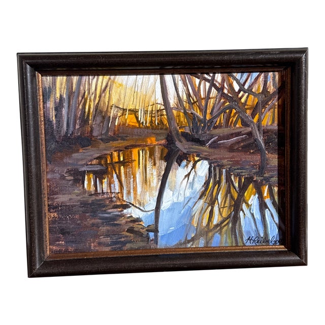 Original Impressionist Landscape Oil Painting – River Reflection – Signed H. Reibel For Sale