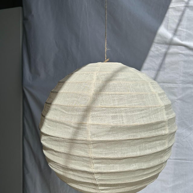 Small Round Japanese-Style Rattan and Natural Linen Pendant Light, 1980s For Sale - Image 14 of 14