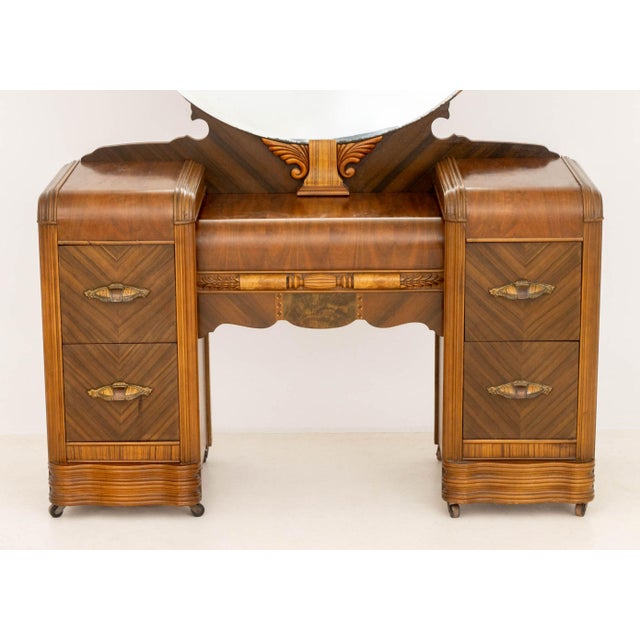 American Art Deco Mirrored Marquetry Inlaid Walnut Vanity and Chair For Sale - Image 4 of 16