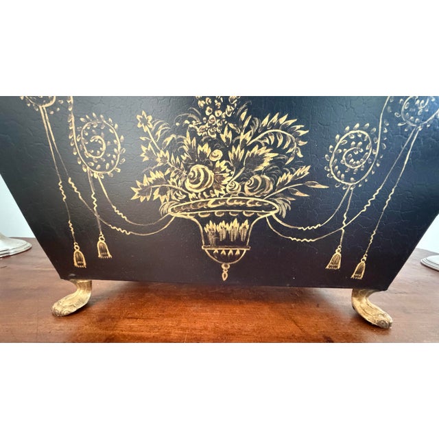 Chinoiserie Style Gilt Decorated Black Tole Box With Scalloped Lid by Sarreid For Sale - Image 10 of 12