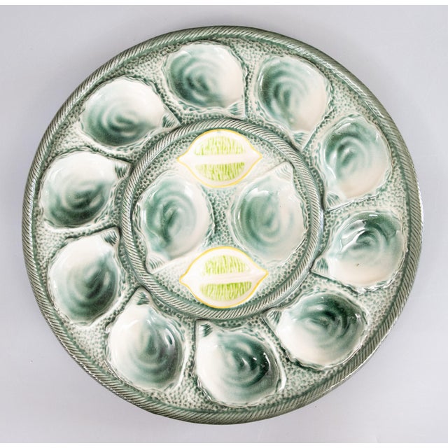 Early 20th Century Large Antique French Saint Clément Majolica Green & Yellow Lemon Wedge Oyster Platter For Sale - Image 5 of 5