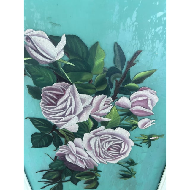 Pink Antique Hand-Painted on Glass Pink Roses-Ornate Gesso Frame For Sale - Image 8 of 9