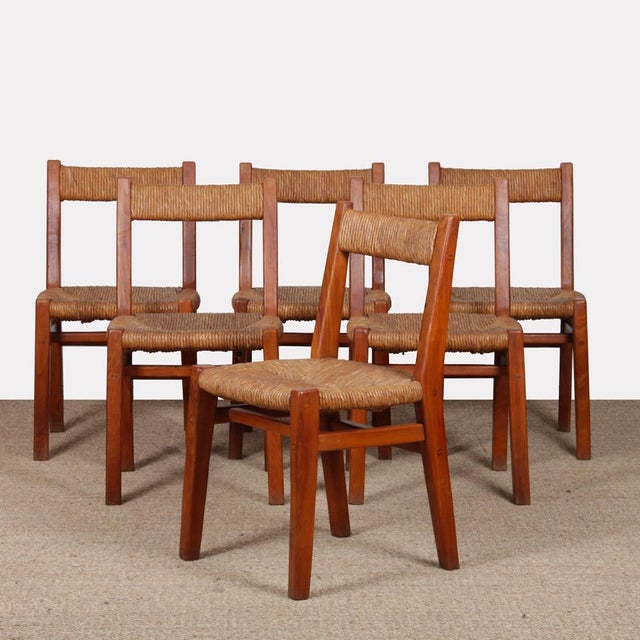 Vintage French Straw-Seated Chairs in Elm, 1950, Set of 6 For Sale - Image 11 of 11