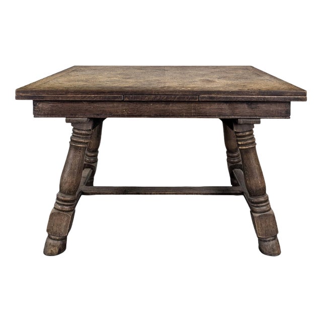 Extendable Oak Table with Marquetry Top and Baluster Legs, 1940s For Sale