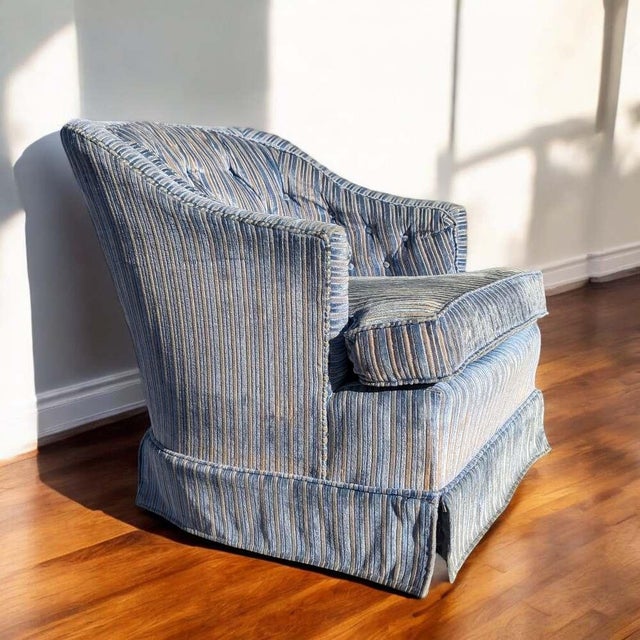 Vintage Blue Striped Velvet Swivel Lounge Chair, Late 20th Century For Sale - Image 10 of 13