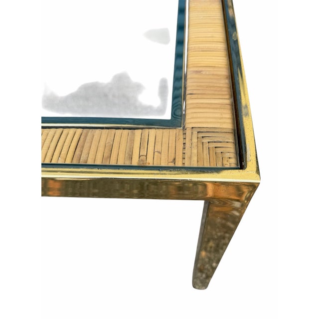 1970s Mid Century Modern Square Brass and Rattan Side Table - A Pair For Sale - Image 5 of 12