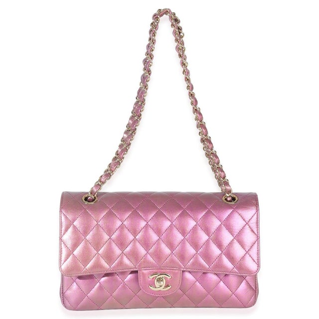 Pink Dark Pink Iridescent Quilted Lambskin Medium Classic Double Flap Bag For Sale - Image 8 of 9