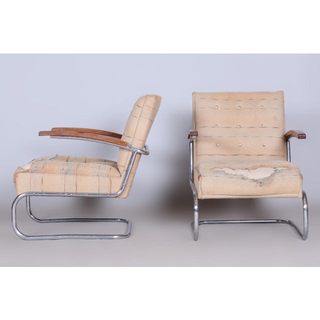 Bauhaus Czech Bauhaus Armchairs and Stool in Beech and Chrome in Steel, 1920s, Set of 3 For Sale - Image 3 of 12
